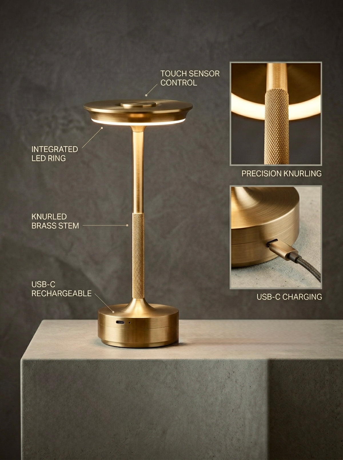 Gold Aurelia Lamp features: touch sensor, integrated LED ring, knurled stem and USB-C charging