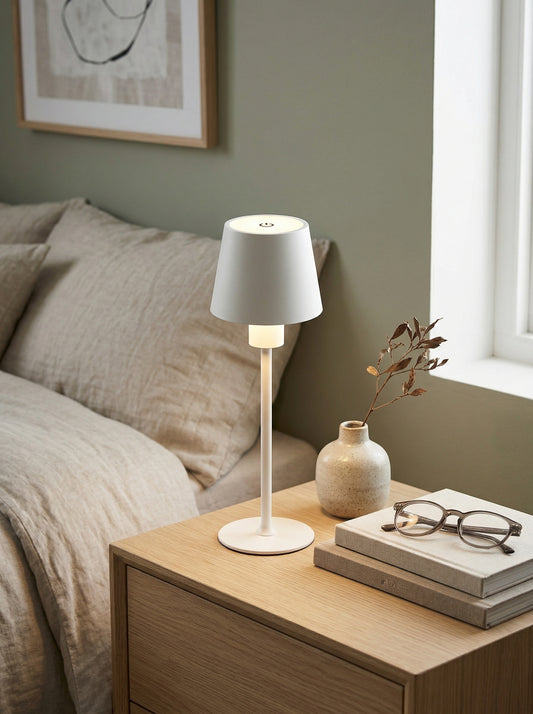White Ibis Lamp on a wooden nightstand with reading glasses, books and a vase of dried flowers