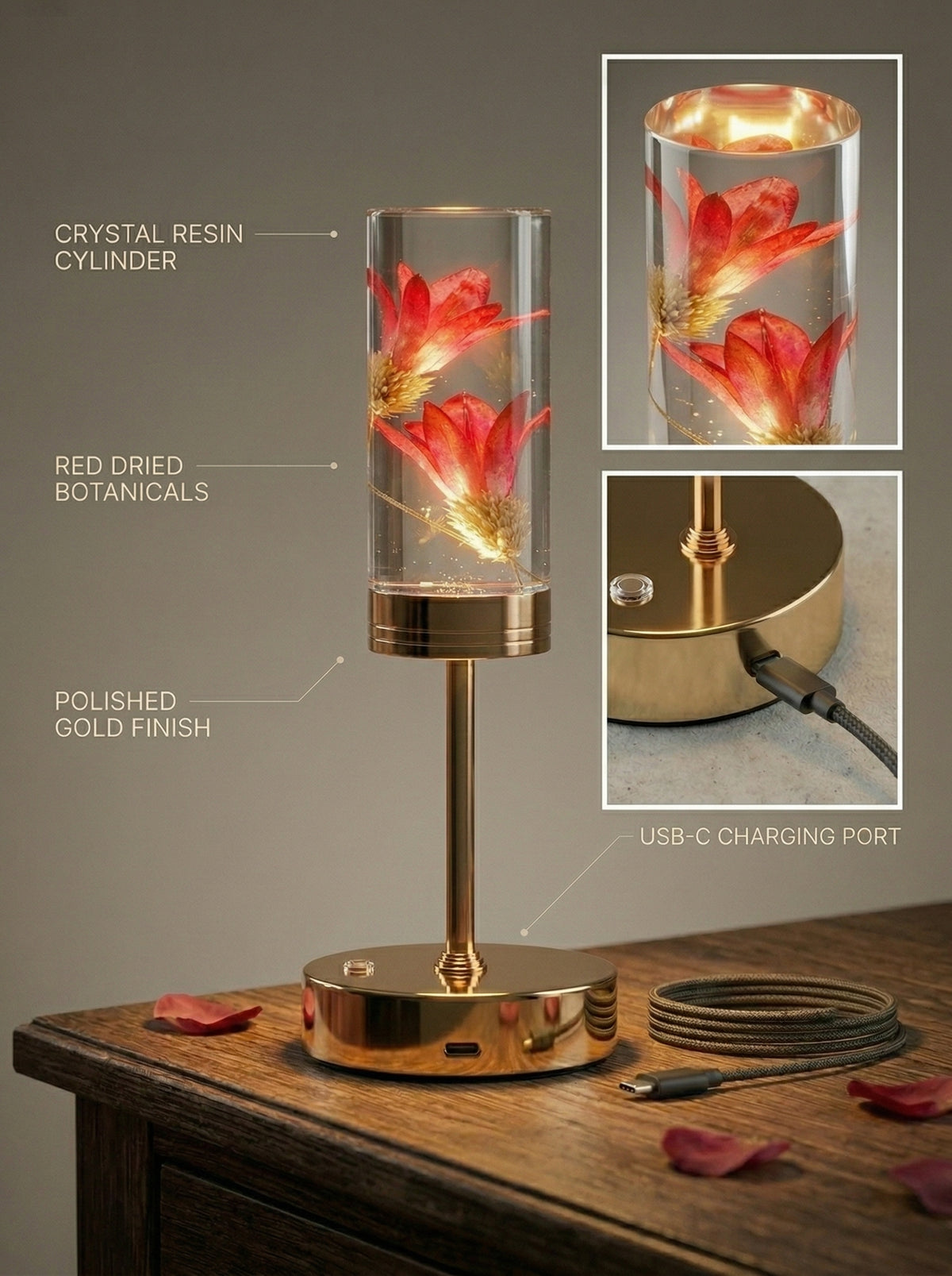 Gold and Red Phoenix Lamp features: resin cylinder, red dried botanicals, gold finish, USB-C port