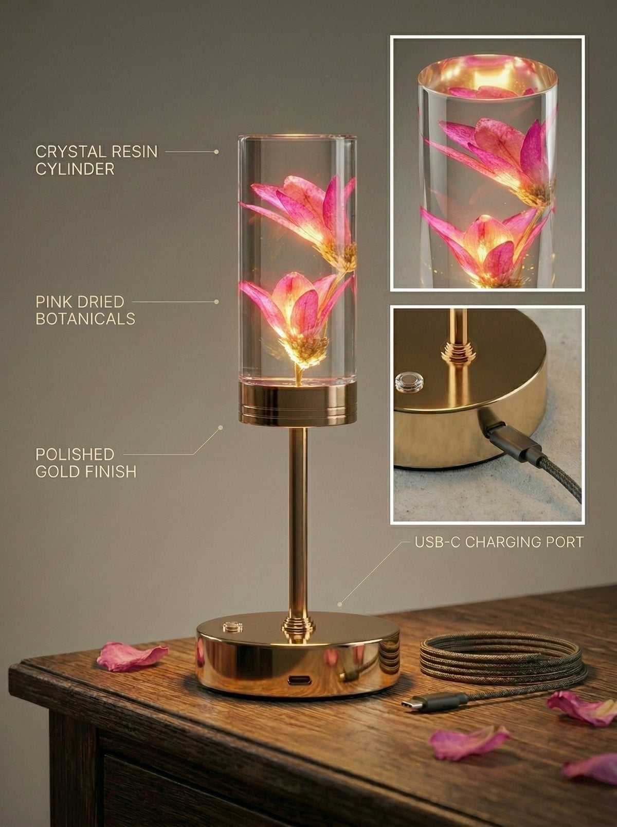 Gold and Pink Phoenix Lamp features: resin cylinder, pink dried botanicals, gold finish, USB-C port