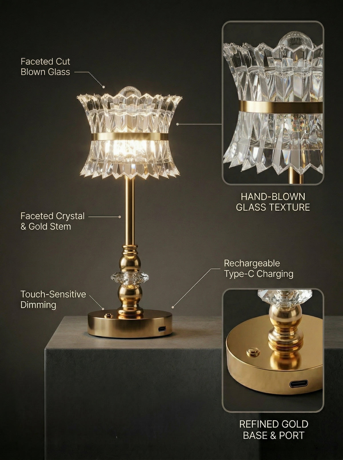 Gold Quetzal Lamp features: faceted glass shade, crystal and gold stem, touch dimming, USB-C charging