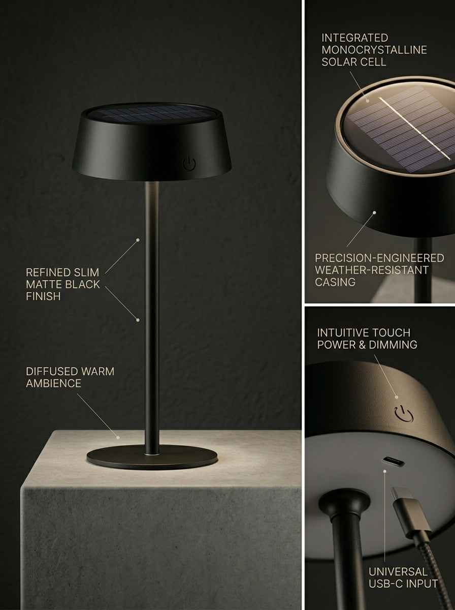 Black Raven Lamp features: integrated solar cell, weather-resistant casing, touch dimming, USB-C input