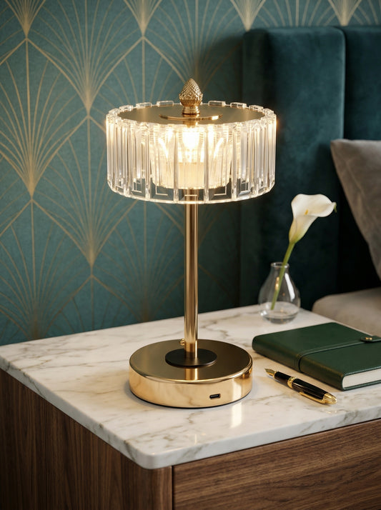 Gold Starling Lamp on a white marble nightstand against art deco wallpaper