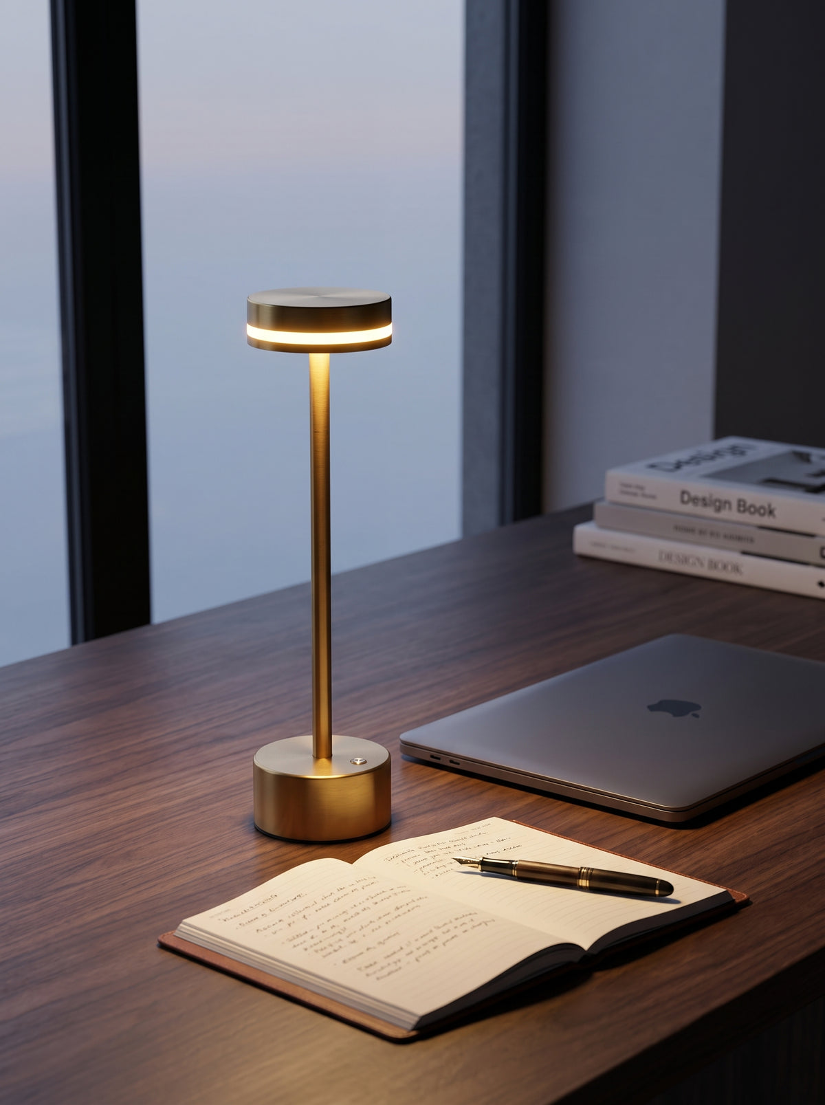 Gold Alba Lamp glowing on a work desk with a laptop, open notebook and pen at dusk
