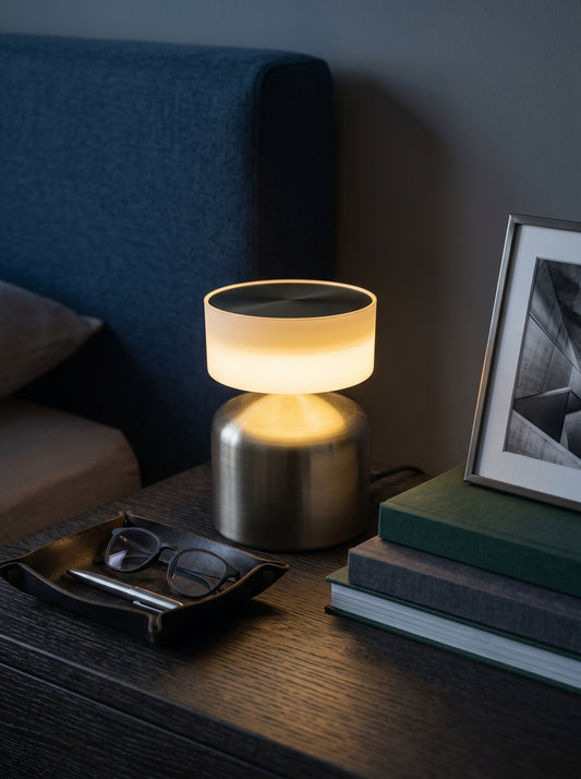 Gold Finch Lamp, a compact brushed gold lamp with a frosted glowing top, on a dark nightstand