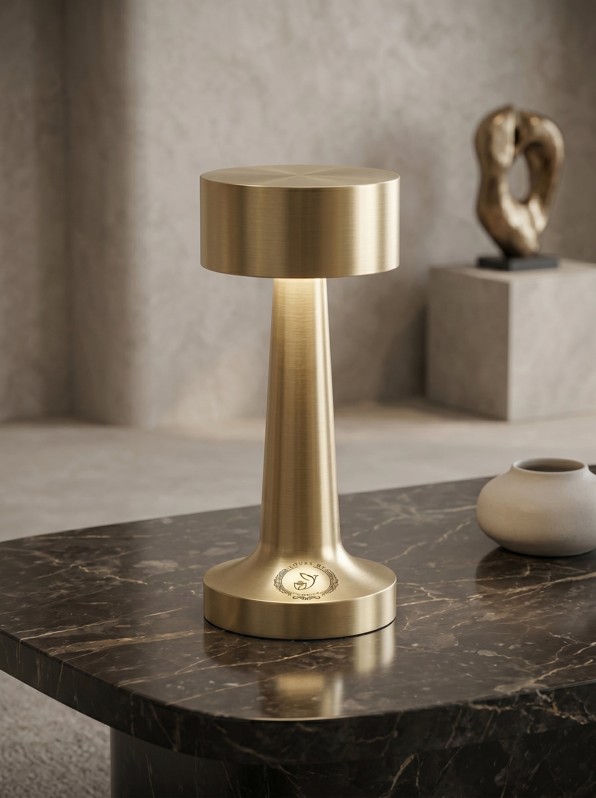 Gold Puffin Lamp, a brushed gold lamp with a drum-shaped head, on a black marble table