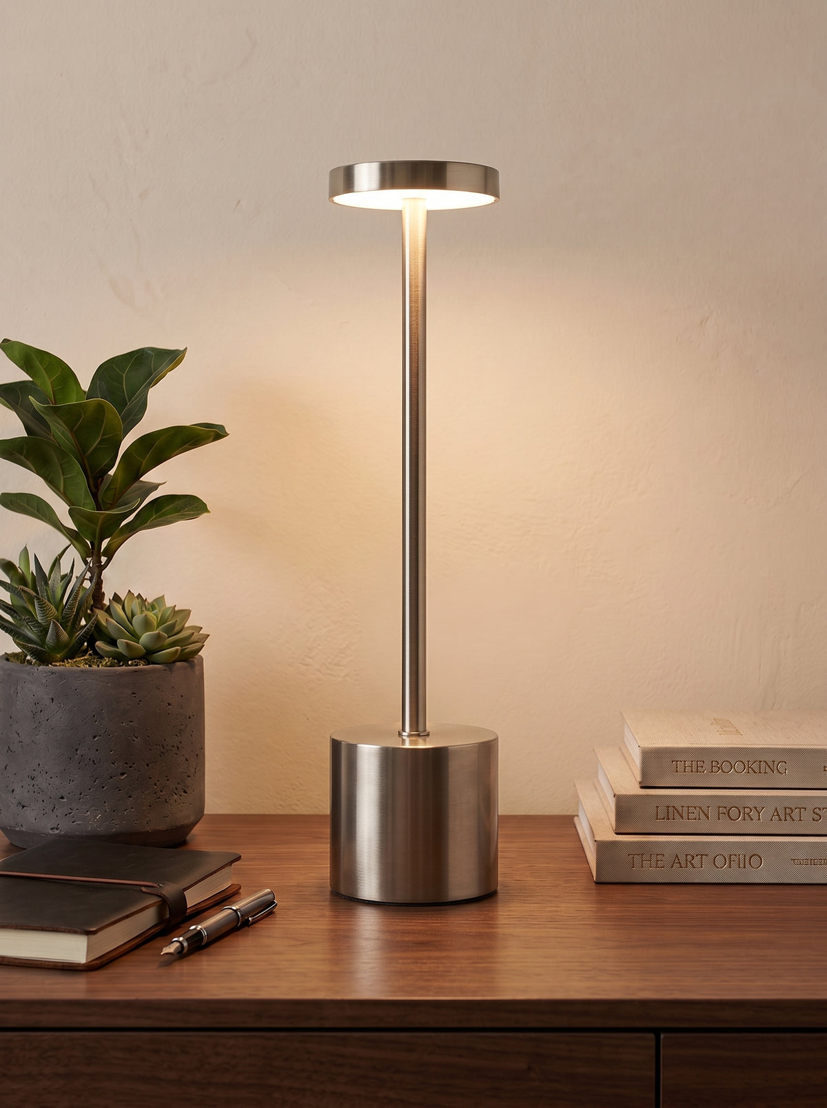 Silver Egret Lamp on a wooden desk with a potted plant, notebook and stacked books