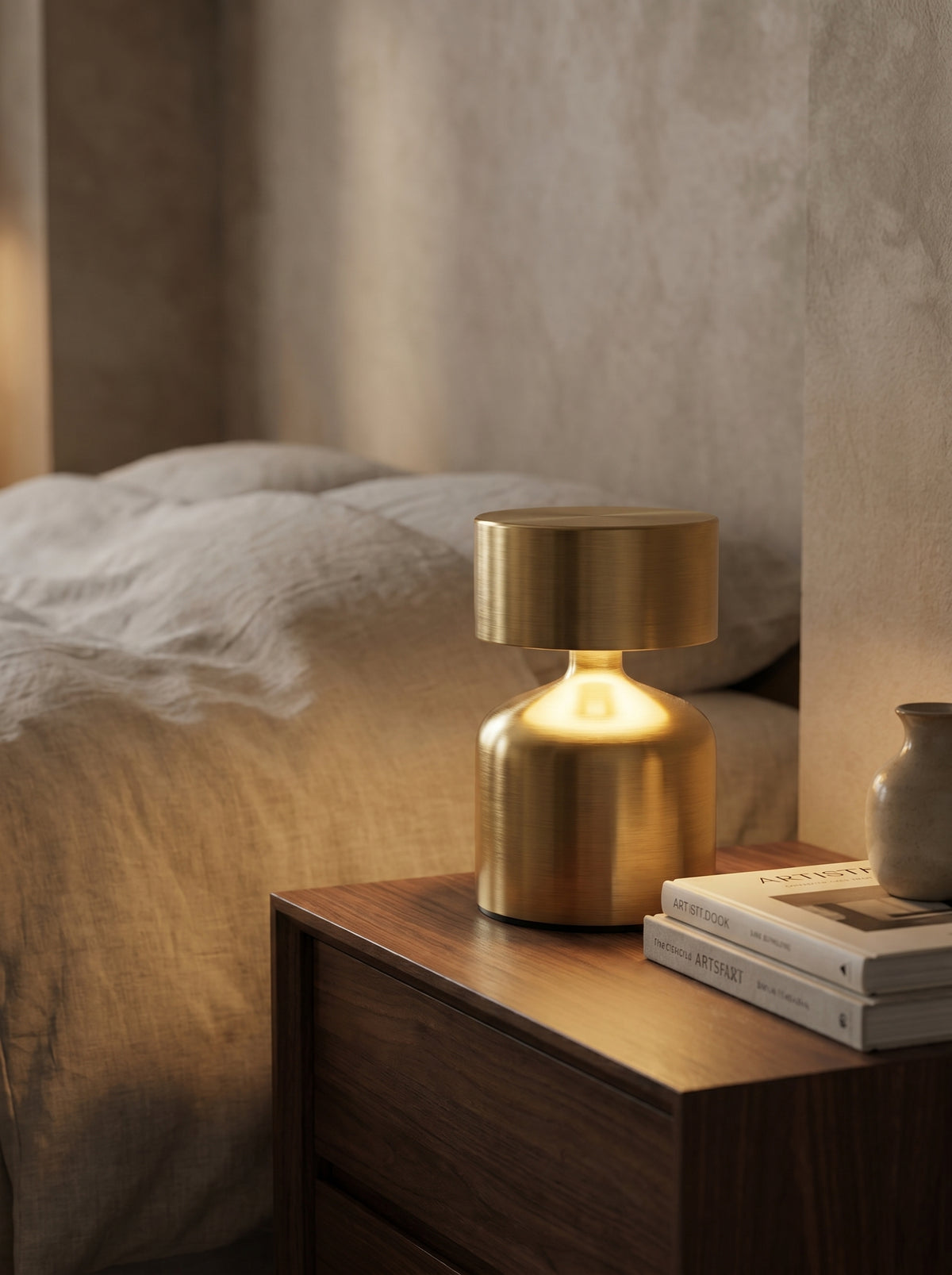 Gold Pipit Lamp, a compact brushed gold lamp with a glowing band, on a bedside table
