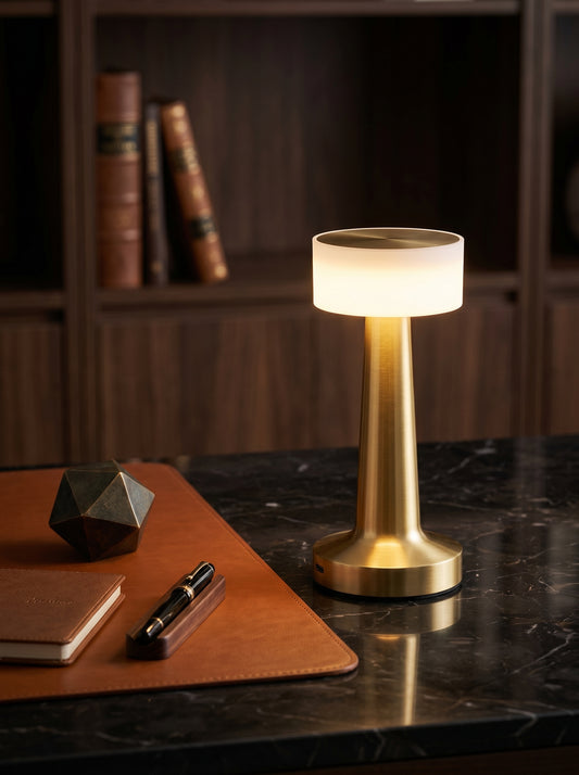 Gold Aix Lamp, a brushed gold lamp with a frosted glowing shade, on a desk with a leather pad