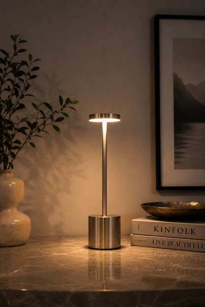 Silver Egret Lamp glowing on a dark marble table next to books and a lit candle