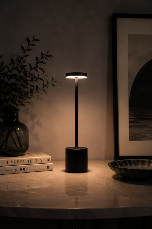 Black Egret Lamp glowing on a dark table with books, a vase and framed artwork