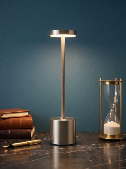 Silver Egret Lamp on a dark marble desk against a teal wall with leather books and a brass hourglass