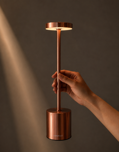 Hand holding the Rose Gold Egret Lamp, a slim cordless table lamp with a glowing disc head