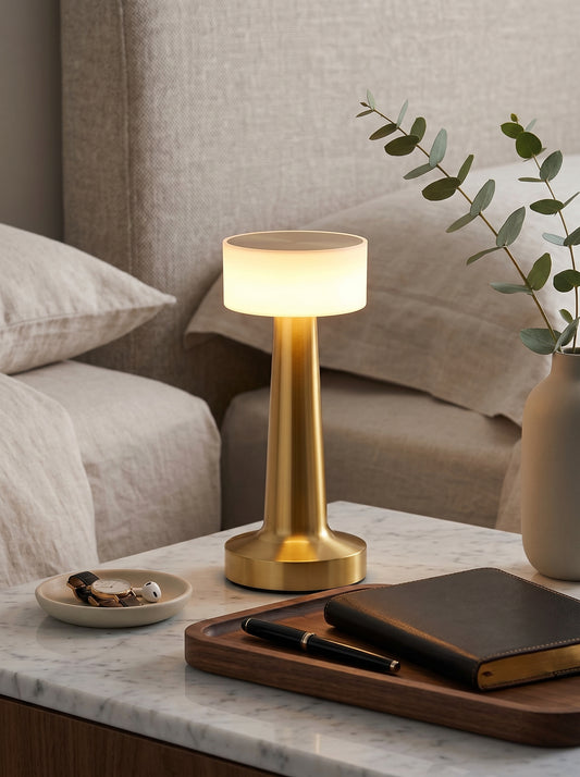 Gold Aix Lamp on a marble bedside table with a leather notebook and eucalyptus in a vase