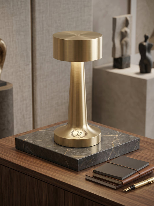 Gold Puffin Lamp on a marble block with notebooks and small sculptures behind