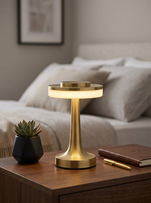 Gold Kestrel Lamp glowing on a bedside table next to a succulent and a leather notebook