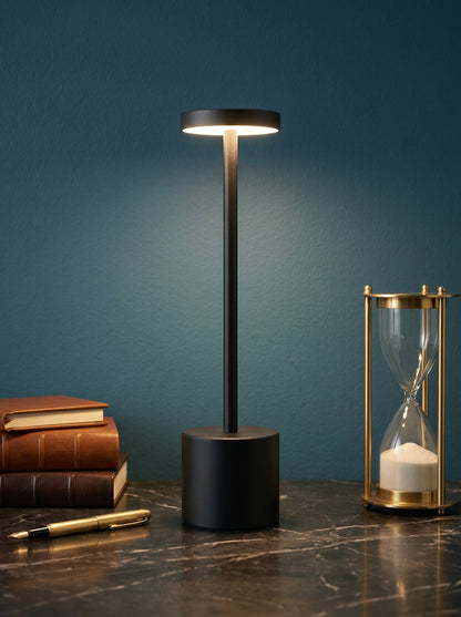 Black Egret Lamp on a dark marble desk against a teal wall with leather books and a brass hourglass