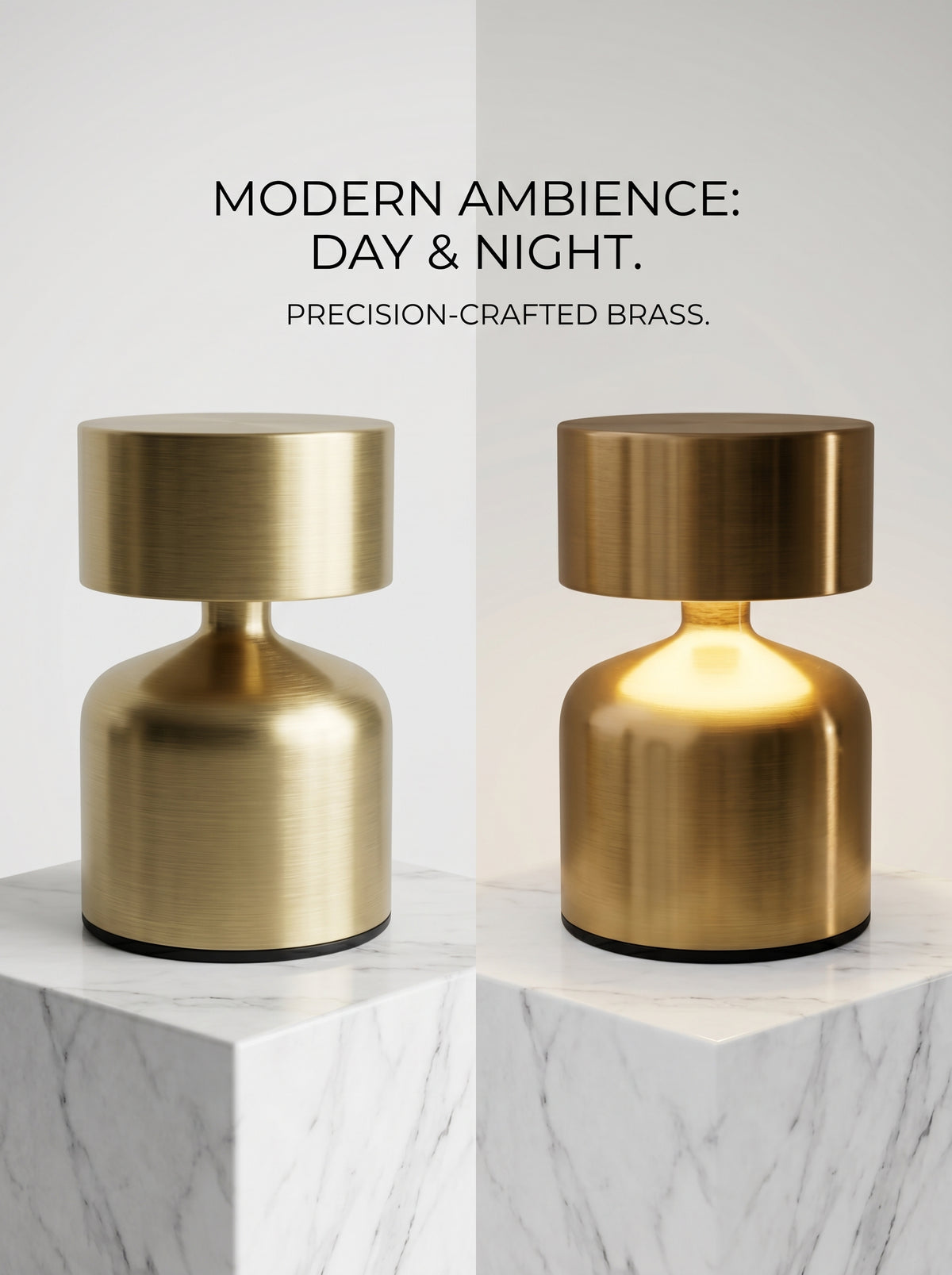 Two Gold Pipit Lamps on marble, one off and one glowing, showing the day and night look