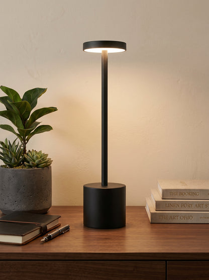 Black Egret Lamp on a wooden desk next to a potted plant and stacked books