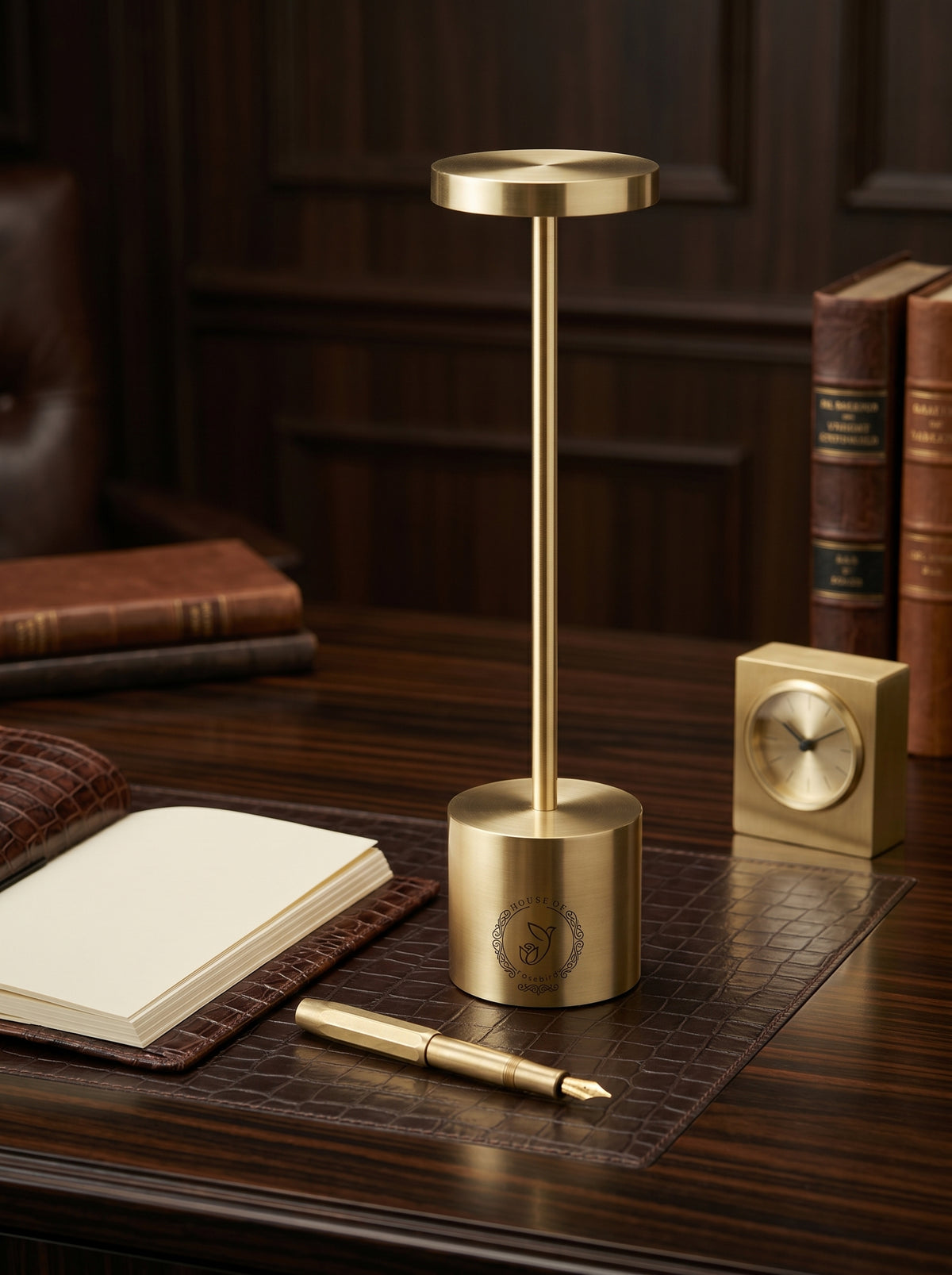 Gold Egret Lamp on a leather desk pad with a notebook, fountain pen and brass clock