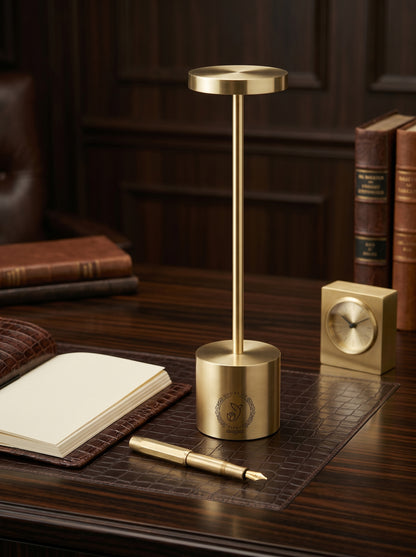 Gold Egret Lamp on a leather desk pad with a notebook, fountain pen and brass clock