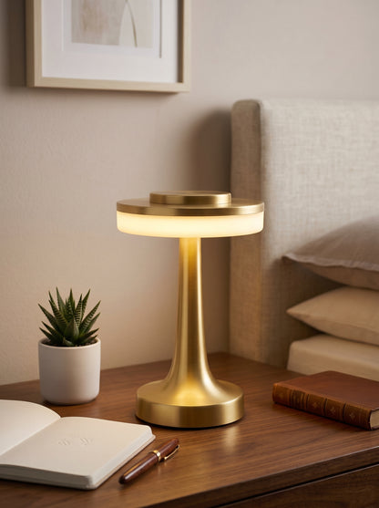 Gold Kestrel Lamp on a bedside table with an open journal, pen and potted succulent