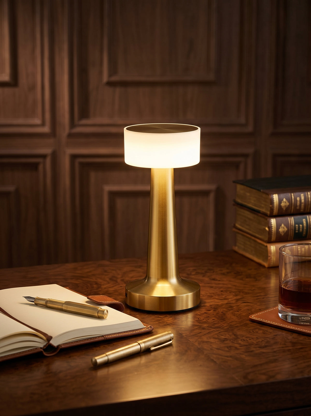 Gold Aix Lamp on a wooden desk with an open notebook, fountain pen and old books