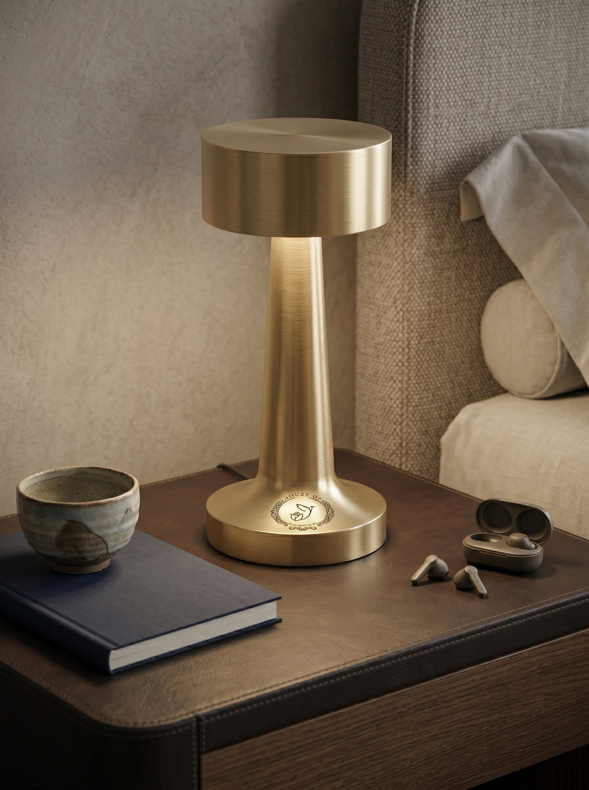 Gold Puffin Lamp glowing on a bedside table with a book, ceramic bowl and earbuds