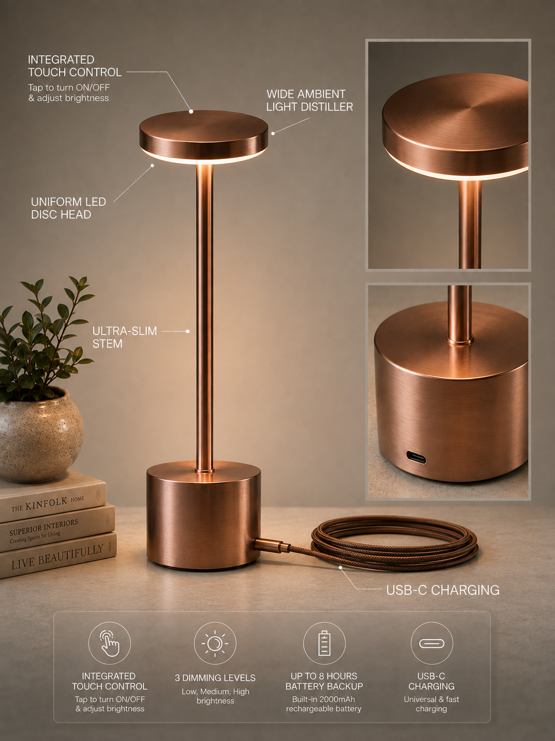Rose Gold Egret Lamp features: touch control, LED disc head, ultra-slim stem and USB-C charging, with close-ups