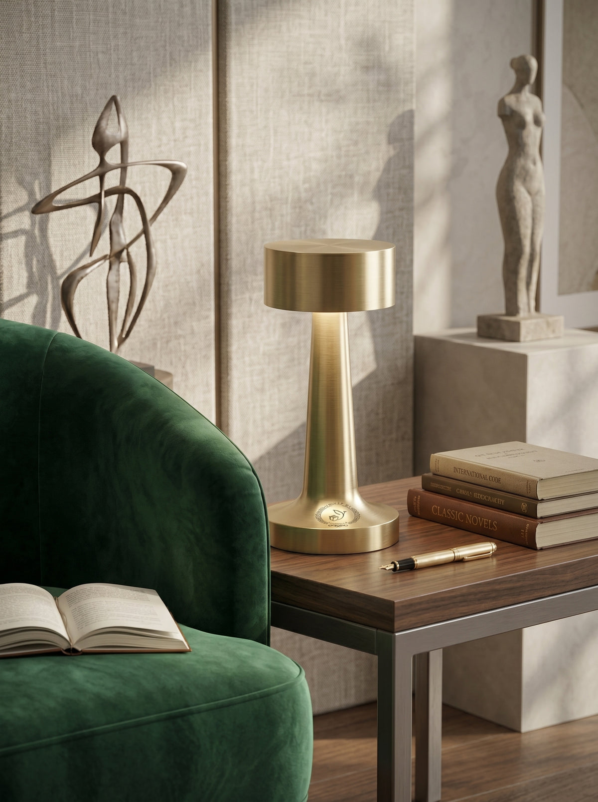 Gold Puffin Lamp on a side table beside a green velvet armchair and stacked books