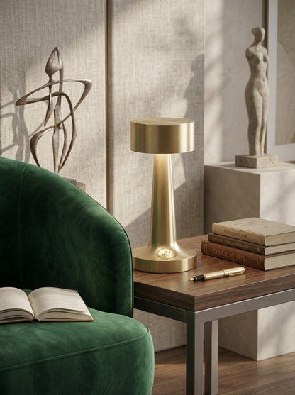 Gold Puffin Lamp on a side table beside a green velvet armchair and stacked books