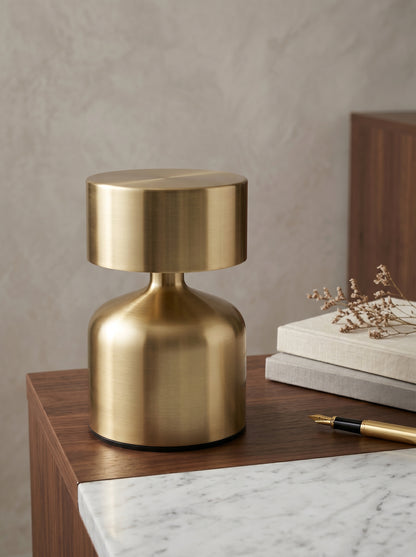 Gold Pipit Lamp on a marble-topped desk with books, dried flowers and a fountain pen