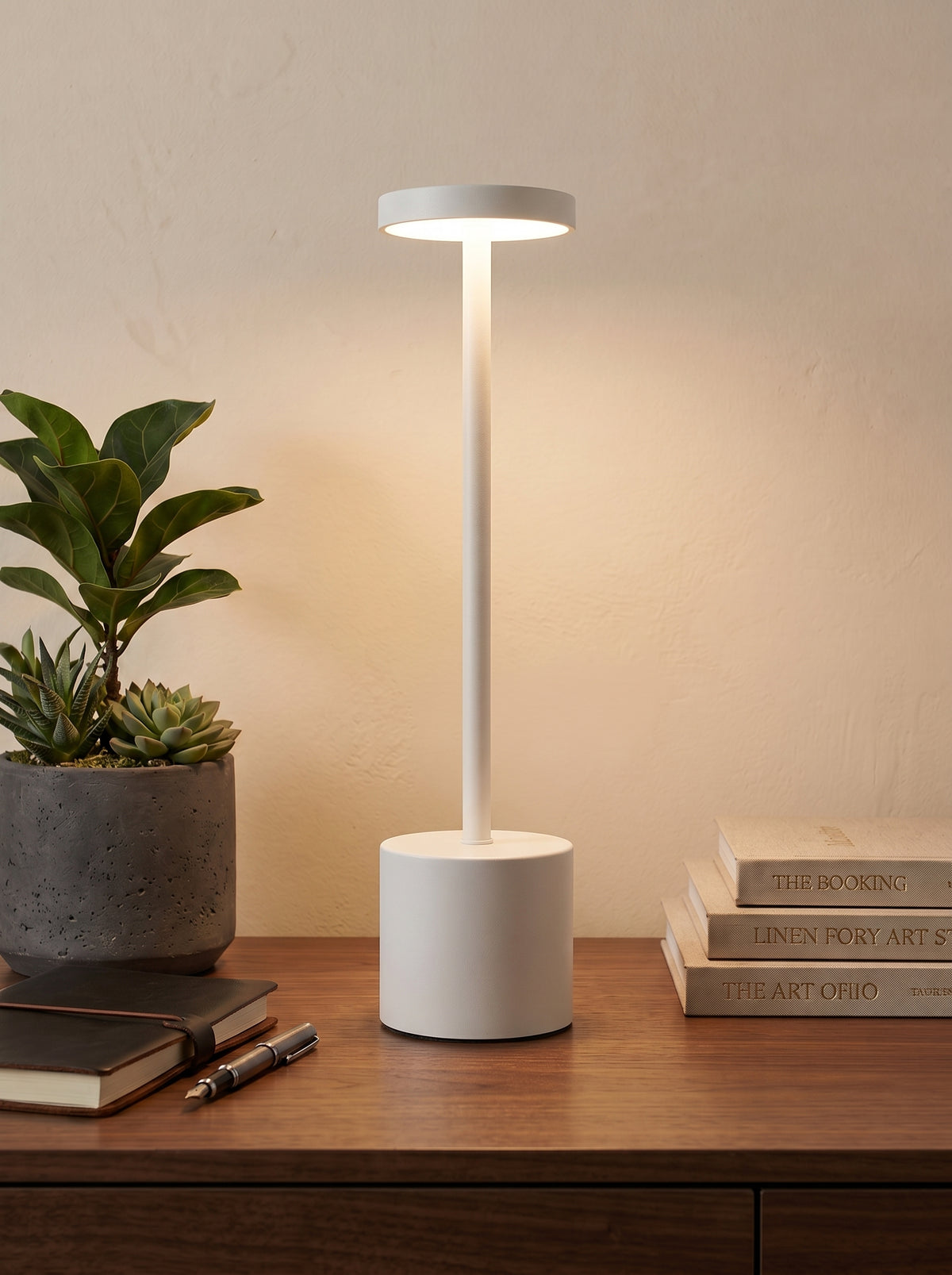 White Egret Lamp on a wooden desk next to a potted plant and stacked books
