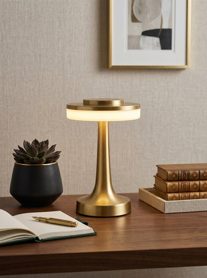 Gold Kestrel Lamp on a wooden desk with a succulent, open notebook and old books