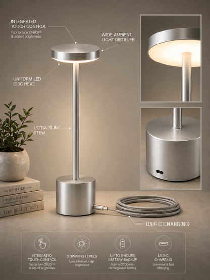 Silver Egret Lamp features: touch control, LED disc head, ultra-slim stem and USB-C charging, with close-ups