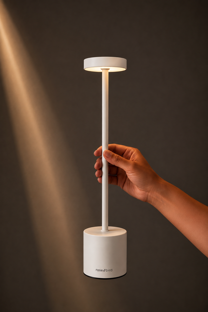 Hand holding the White Egret Lamp, a slim cordless table lamp with a glowing disc head