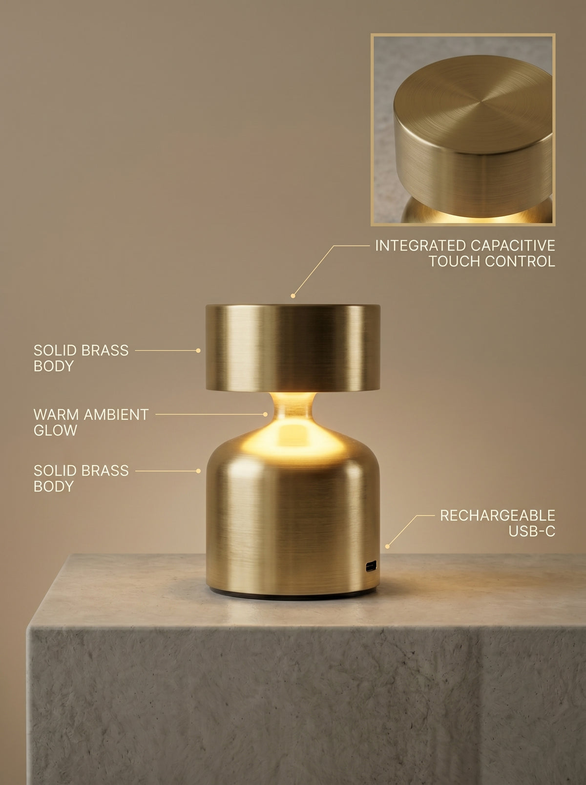 Gold Pipit Lamp features: capacitive touch control, warm ambient glow, brass body, USB-C charging