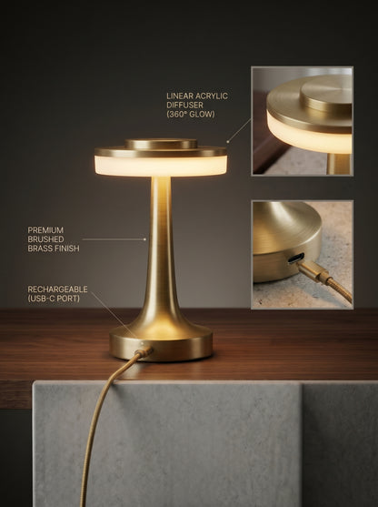Gold Kestrel Lamp features: acrylic ring diffuser with 360° glow, brushed brass finish, USB-C port