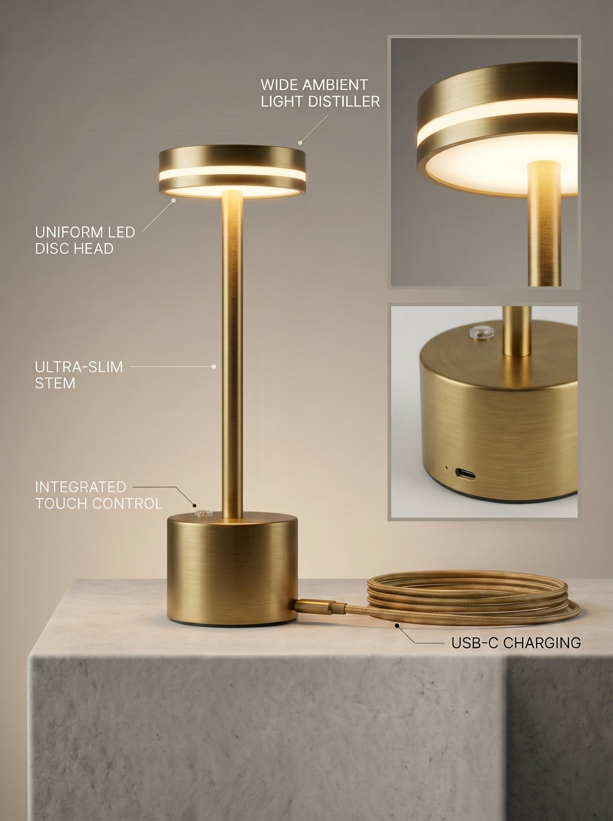 Gold Alba Lamp features: LED disc head with light diffuser, slim stem, touch control and USB-C charging