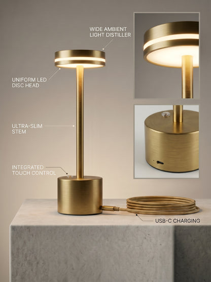 Gold Alba Lamp features: LED disc head with light diffuser, slim stem, touch control and USB-C charging