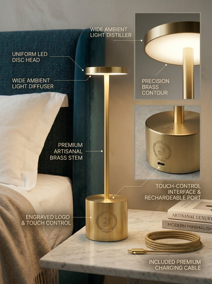 Gold Egret Lamp features: LED disc head, wide light diffuser, brass stem, touch control, charging cable