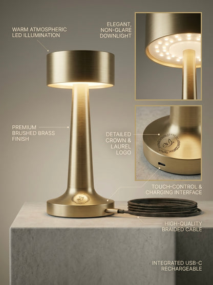 Gold Puffin Lamp features: non-glare LED downlight, brushed brass finish, touch control, USB-C charging