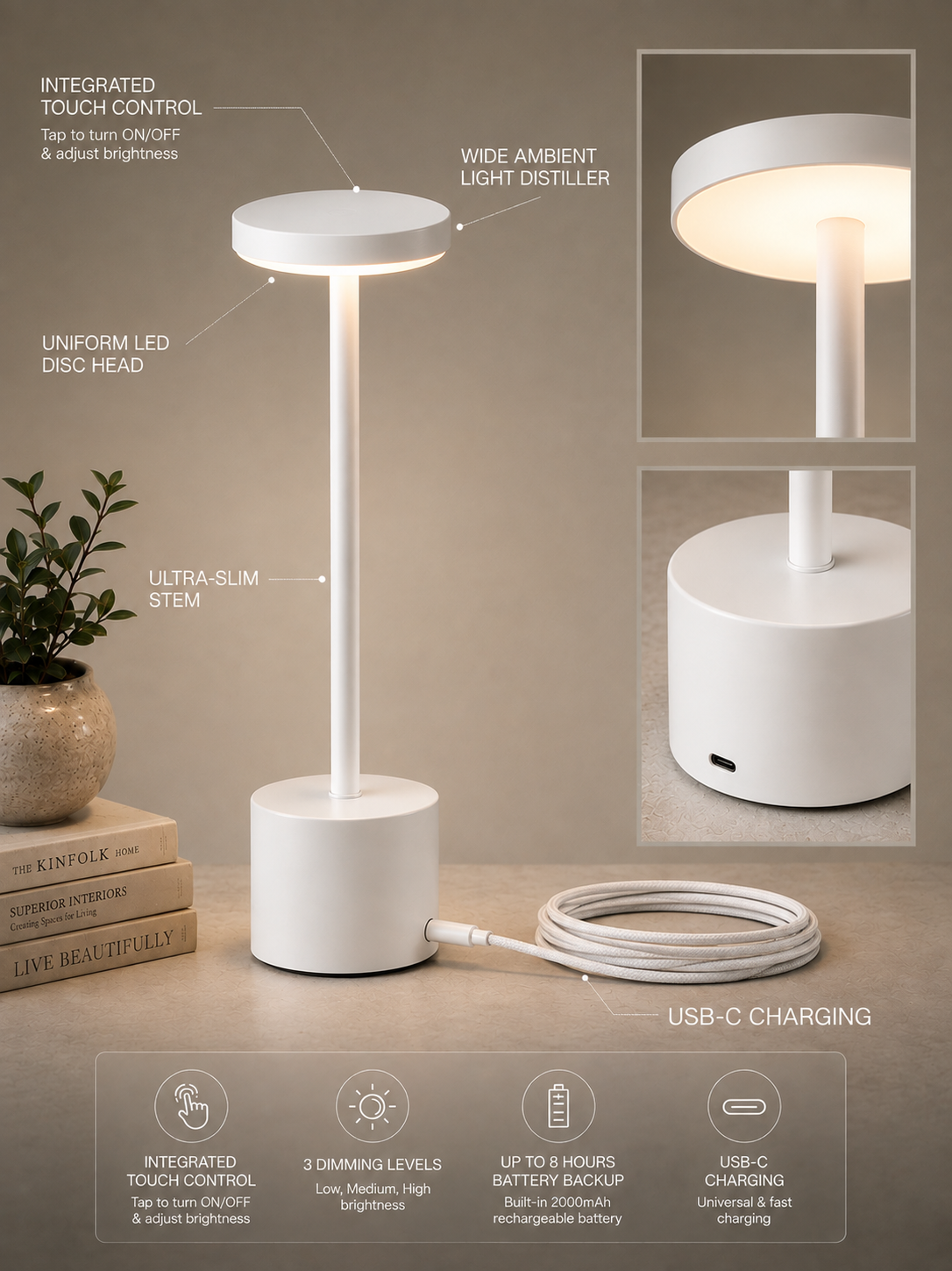 White Egret Lamp features: touch control, LED disc head, ultra-slim stem and USB-C charging, with close-ups