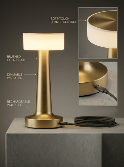 Gold Aix Lamp features: soft-touch dimmer, brushed gold finish, dimmable warm LED, rechargeable