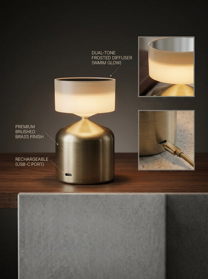 Gold Finch Lamp features: dual-tone frosted diffuser, brushed brass finish, USB-C charging