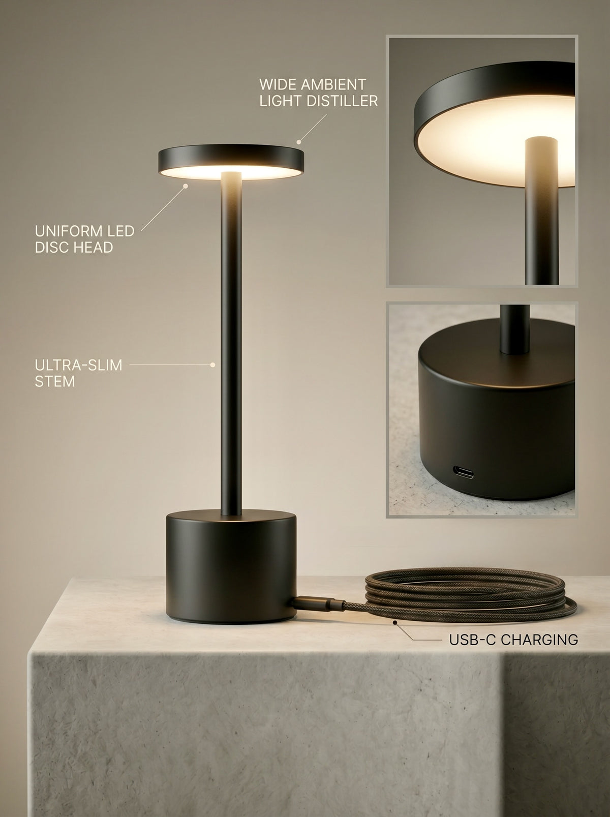 Black Egret Lamp features: touch control, LED disc head, ultra-slim stem and USB-C charging, with close-ups
