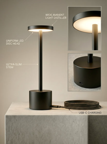 Black Egret Lamp features: touch control, LED disc head, ultra-slim stem and USB-C charging, with close-ups
