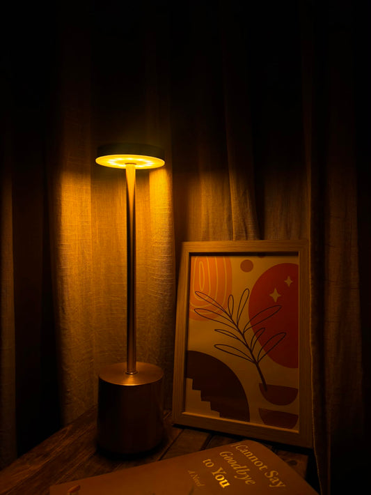 Gold Egret Lamp glowing in a dark room beside a framed abstract art print