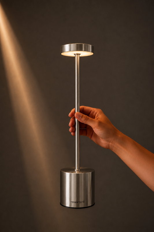 Hand holding the Silver Egret Lamp, a slim cordless table lamp with a glowing disc head
