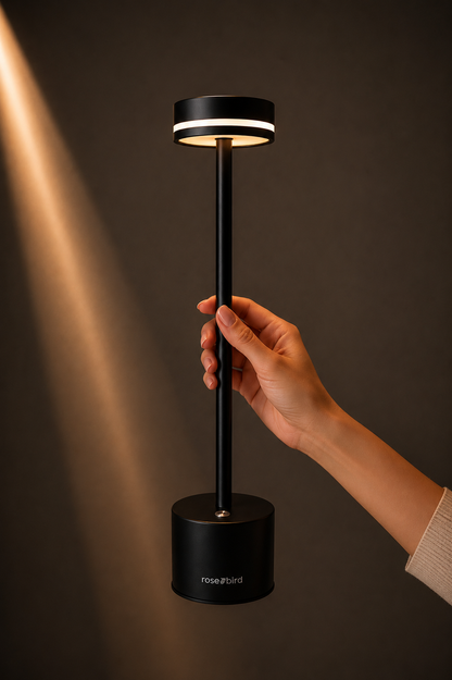 Hand holding the Black Alba Lamp, a slim matte black cordless lamp with a ringed glowing head